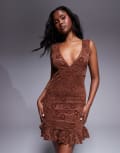 [ASOS DESIGN] ASOS DESIGN lace V front mini dress with frill hem in chocolate-Brown S Chocolate