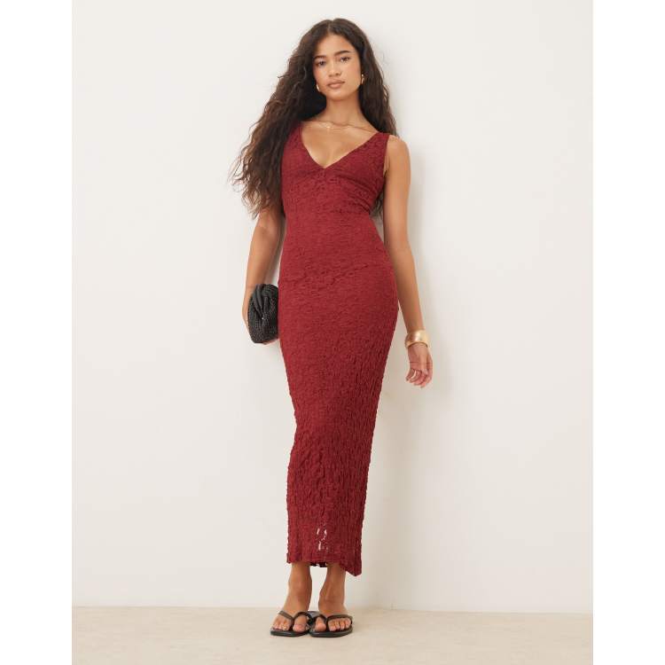 ASOS DESIGN lace V neck maxi dress in burgundy | ASOS