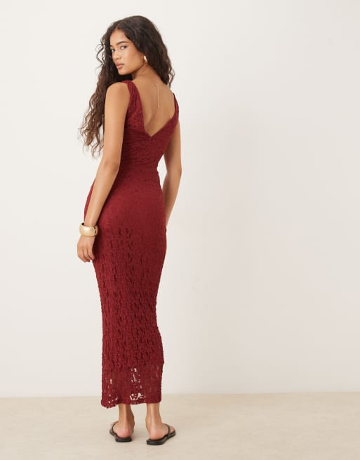 ASOS DESIGN lace V neck maxi dress in burgundy