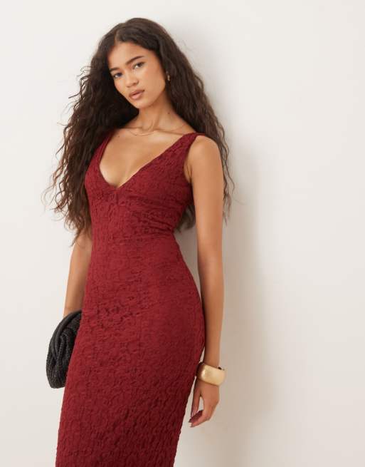 ASOS DESIGN lace V neck maxi dress in burgundy