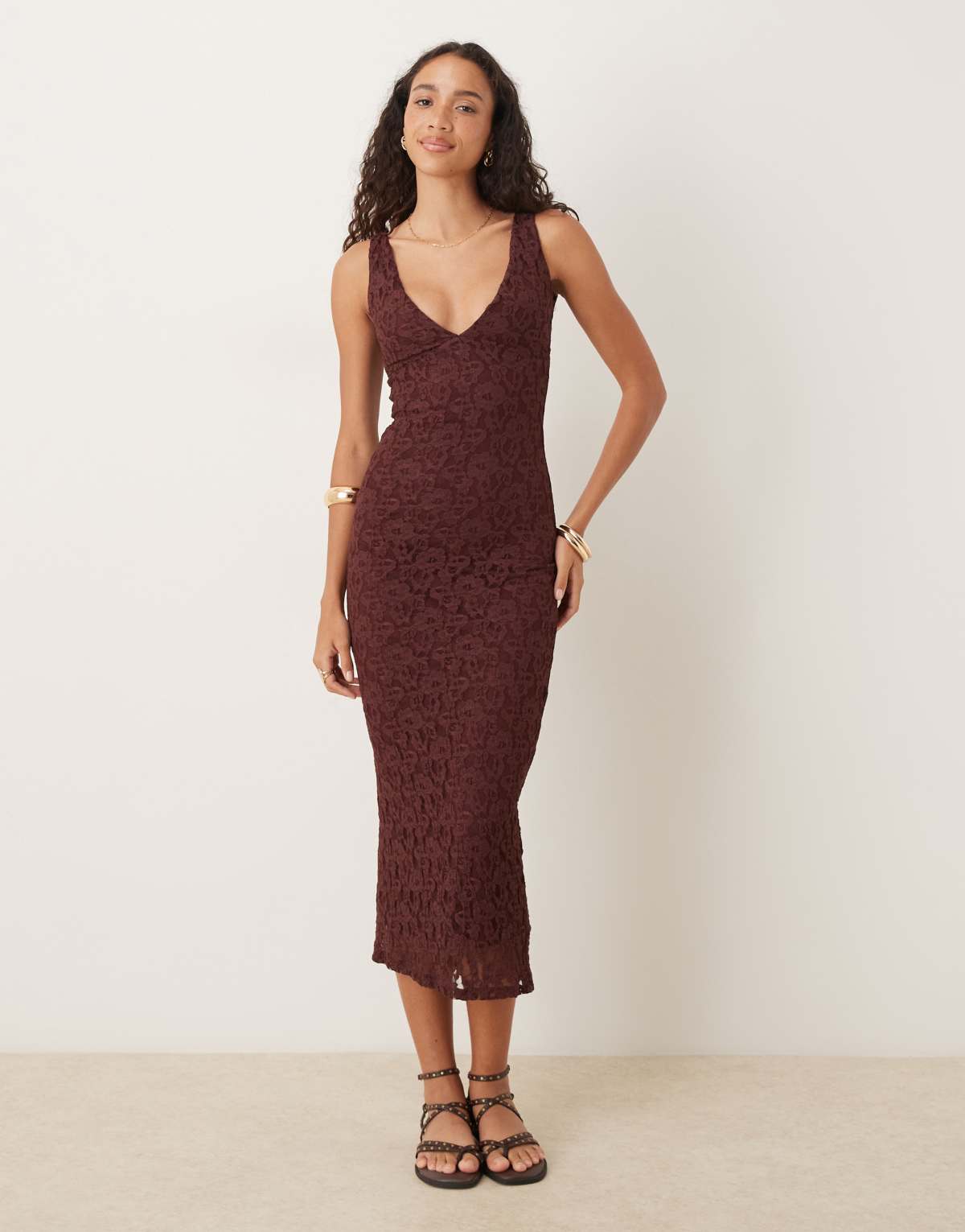 ASOS DESIGN lace V neck maxi dress in chocolate