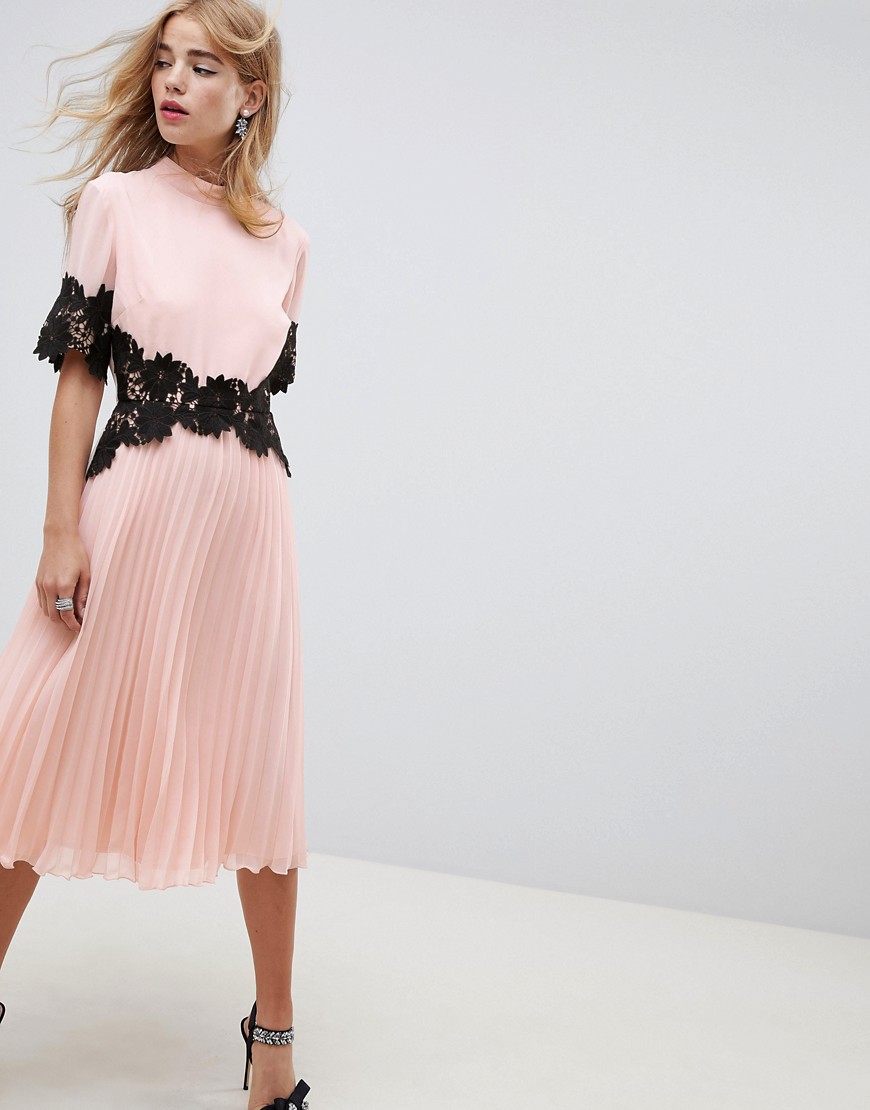ASOS DESIGN lace waist and cuff pleated midi dress-Pink