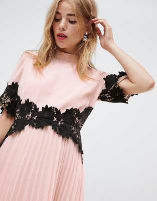 asos design lace and pleat midi dress