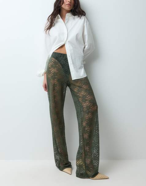 ASOS DESIGN lace wide leg pants in khaki green - view 1