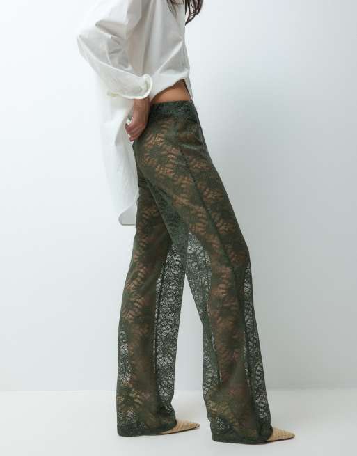 ASOS DESIGN lace wide leg pants in khaki green, 3 of 5
