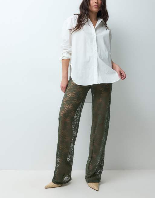 ASOS DESIGN lace wide leg pants in khaki green, 4 of 5