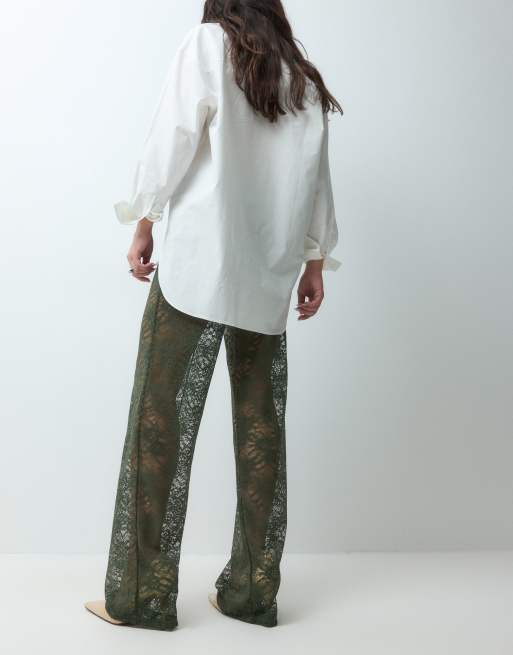 ASOS DESIGN lace wide leg pants in khaki green, 5 of 5