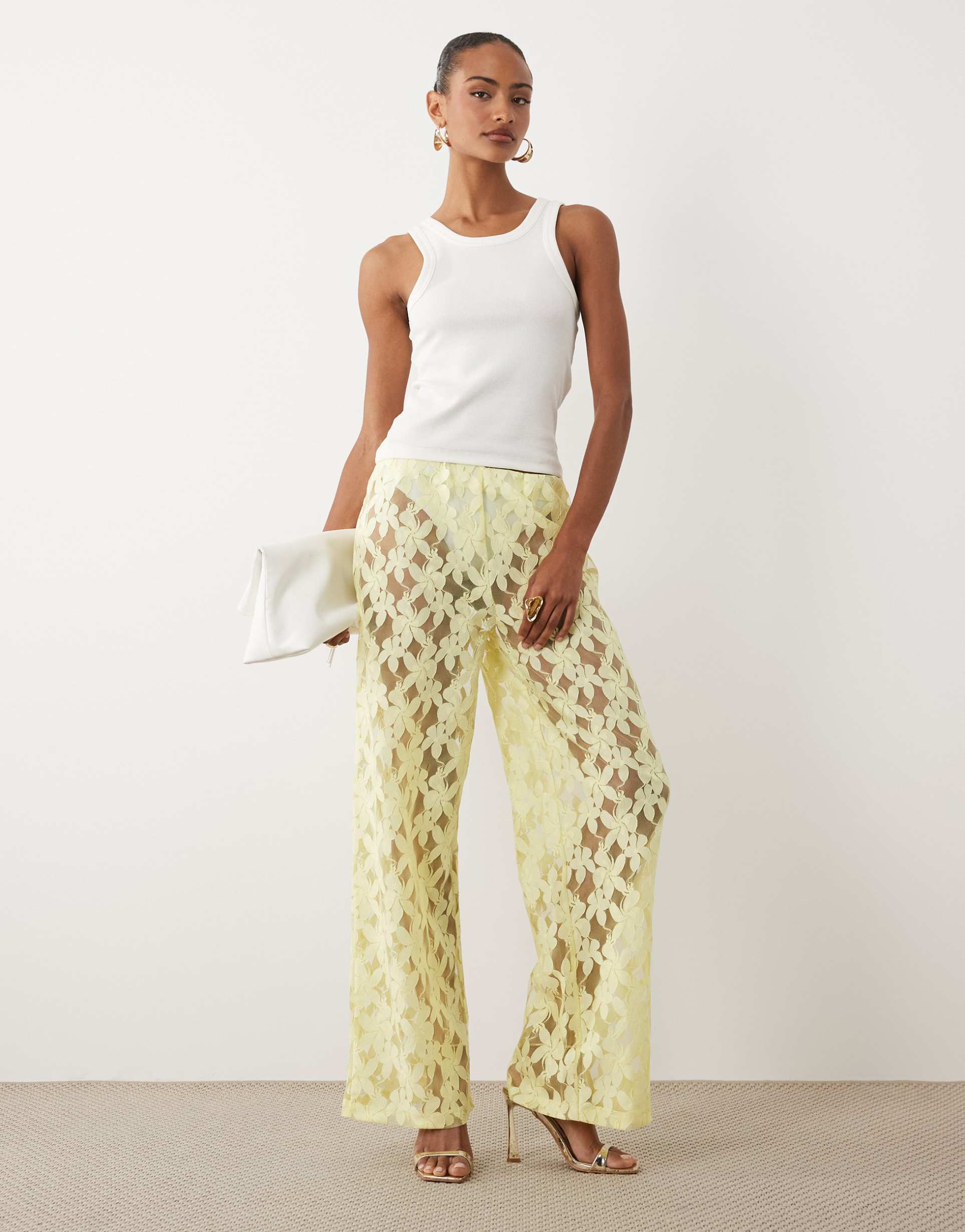 asos design lace wide leg pants in lemon - part of a set