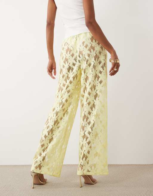 ASOS DESIGN lace wide leg pants in lemon - part of a set, 5 of 5