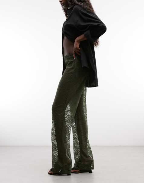 ASOS DESIGN lace wide leg trousers in khaki - view 1
