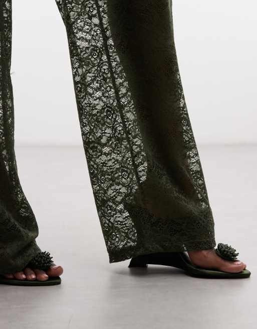 ASOS DESIGN lace wide leg trousers in khaki, 3 of 5