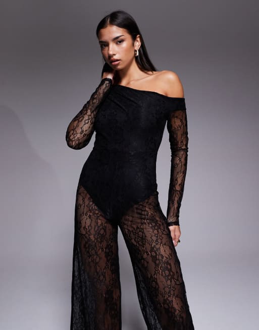 ASOS DESIGN lace wide legged jumpsuit with body suit lining and open back in black, 4 of 4