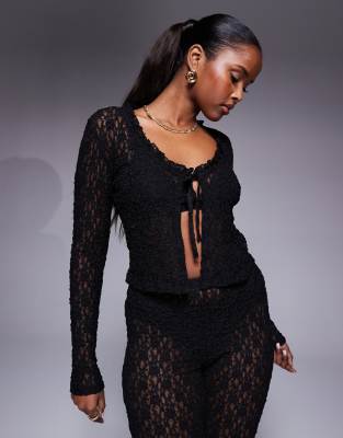 Asos Design Lace Wide Neck Ruffle Edge Long Sleeve Tie Up Top In Black