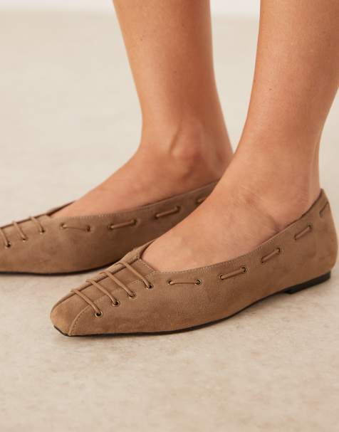 ASOS DESIGN Lachlan eyelet detail chisel toe ballets in sand suedette - view 1
