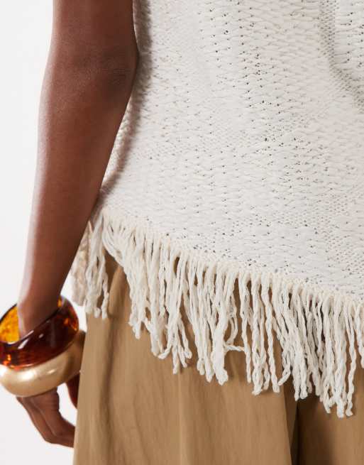 ASOS DESIGN ladder crochet asym fringe top in white, 3 of 4