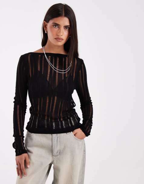 ASOS DESIGN ladder fine knit long sleeve top in black - view 1