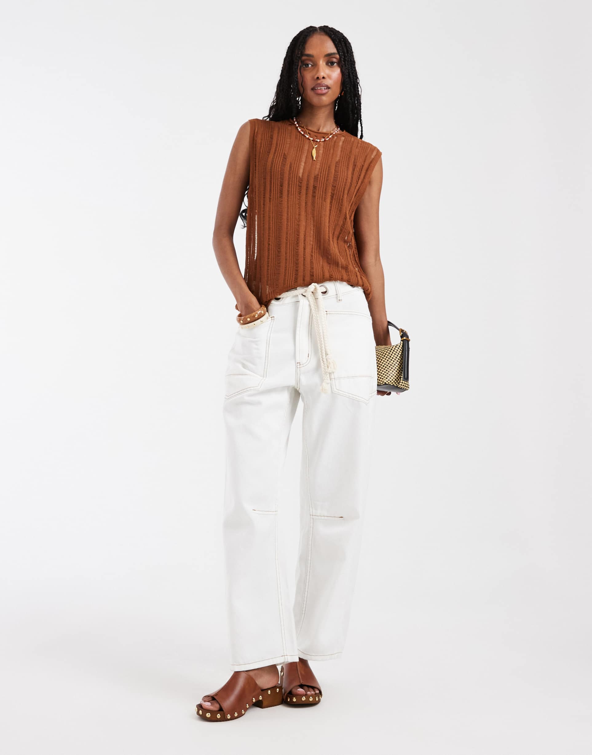 asos design ladder sheer knit tank top in rust