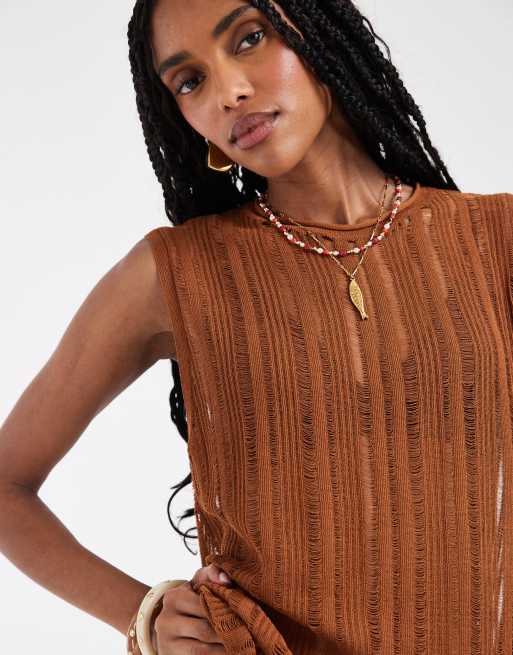 ASOS DESIGN ladder sheer knit vest top in rust, 2 of 4