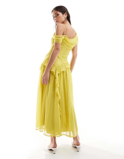 ASOS DESIGN ladder trim ruffle hem drape midi dress in yellow | ASOS