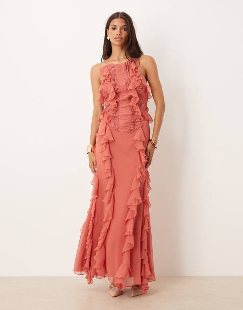 ASOS DESIGN ladder trim ruffle maxi dress in rose - view 1