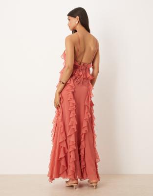 Asos Design Ladder Trim Ruffle Maxi Dress In Neutral