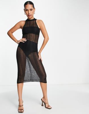 Asos Design Laddered Sleeveless Racer Front Midi Dress In Black In Black
