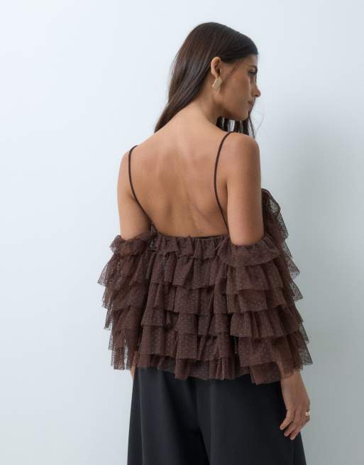 ASOS DESIGN lagdelt dobby-mesh top med cold shoulder i chokoladebrun, 5 af 5