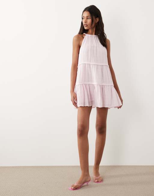 ASOS DESIGN - Lagdelt lyserød mini-sommerkjole med halterneck og chunky kanter , 2 af 4