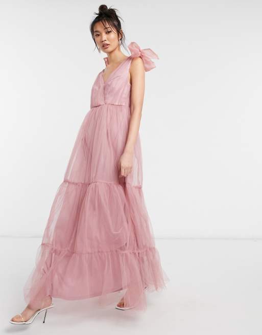 ASOS DESIGN - Lagdelt maxikjole i rosa tyl med sløjfer