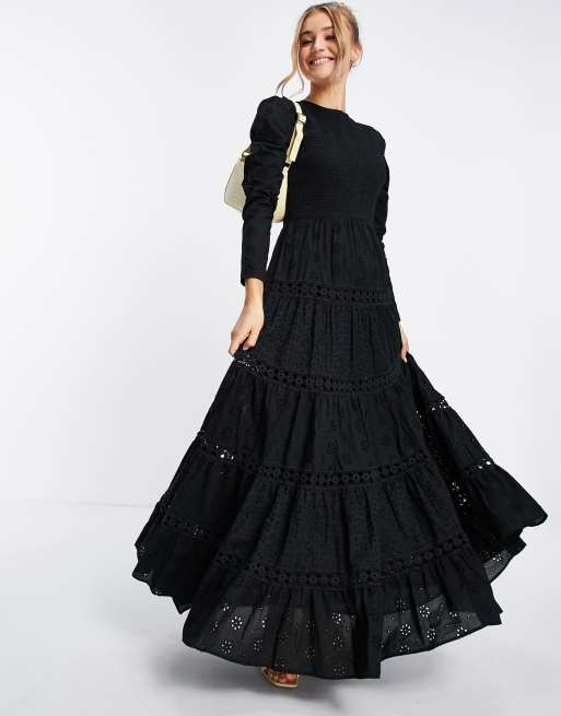 ASOS DESIGN - Lagdelt maxikjole med broderier, blondeindsatser og rynkede detaljer i sort, 2 af 4