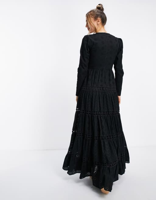 ASOS DESIGN - Lagdelt maxikjole med broderier, blondeindsatser og rynkede detaljer i sort, 3 af 4