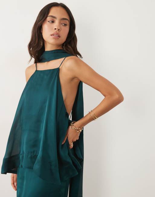 ASOS DESIGN lagdelt maxikjole med cami og tørklædedetalje i teal, 3 af 4