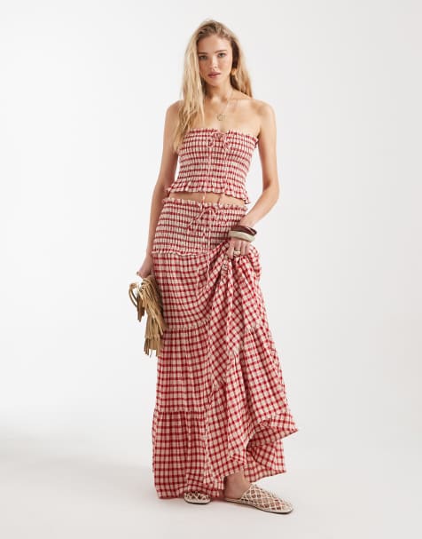 ASOS DESIGN - Lagdelt maxinederdel med smock-talje og gingham-tern - Del af sæt - view 1