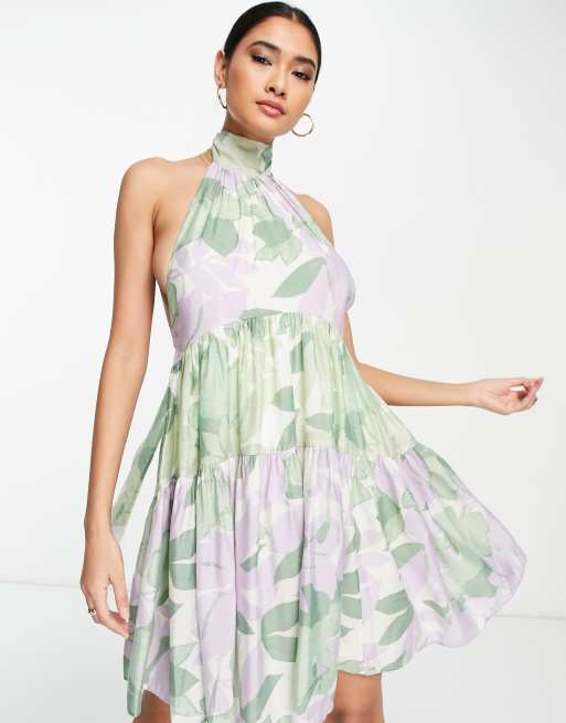 ASOS DESIGN - Lagdelt minikjole i blandet print med halterneck og bindebånd bagpå , 3 af 4