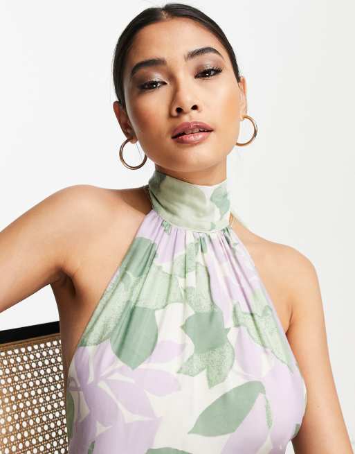 ASOS DESIGN - Lagdelt minikjole i blandet print med halterneck og bindebånd bagpå , 4 af 4