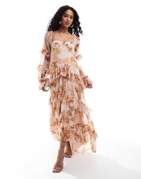 ASOS DESIGN - Lagdelt offshoulder-maxikjole med flæser, korsetdetaljer og længere kant bagpå i brunt blomstermønster - view 1