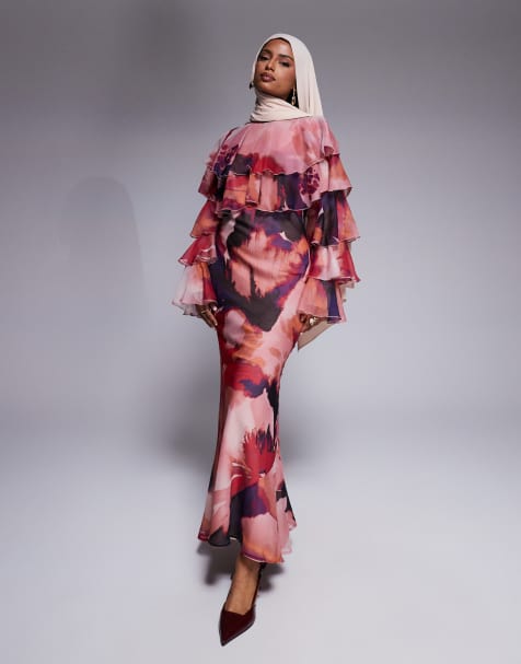 ASOS DESIGN - Lagdelt og asymmetrisk maxikjole med lagdelt overlag med flæser og abstrakt print - view 1
