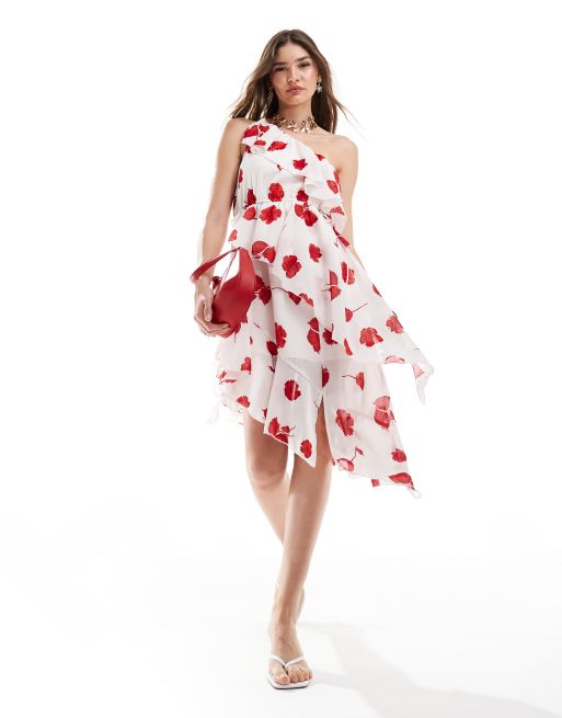 ASOS DESIGN - Lagdelt oneshoulder-minikjole i tofarvet blomsterprint