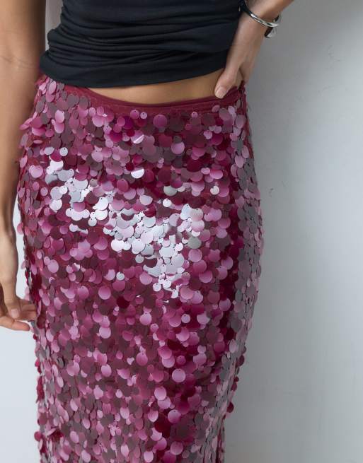 ASOS DESIGN lagdelt paillet midinederdel i bær, 4 af 5