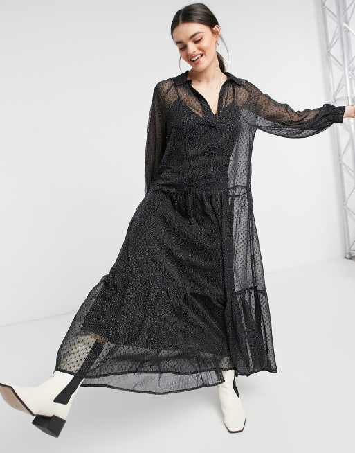 ASOS DESIGN - Lagdelt smock skjorte-maxikjole i mono dobbyprikker, 4 af 4