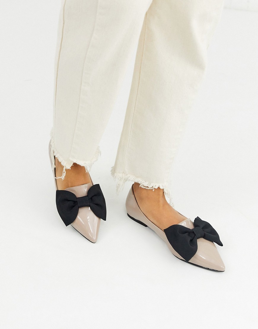 ASOS DESIGN Lake bow pointed ballet flats in beige-Grey