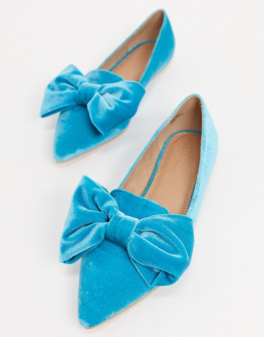 Asos Design Lake Bow Pointed Ballet Flats In Blue-blues