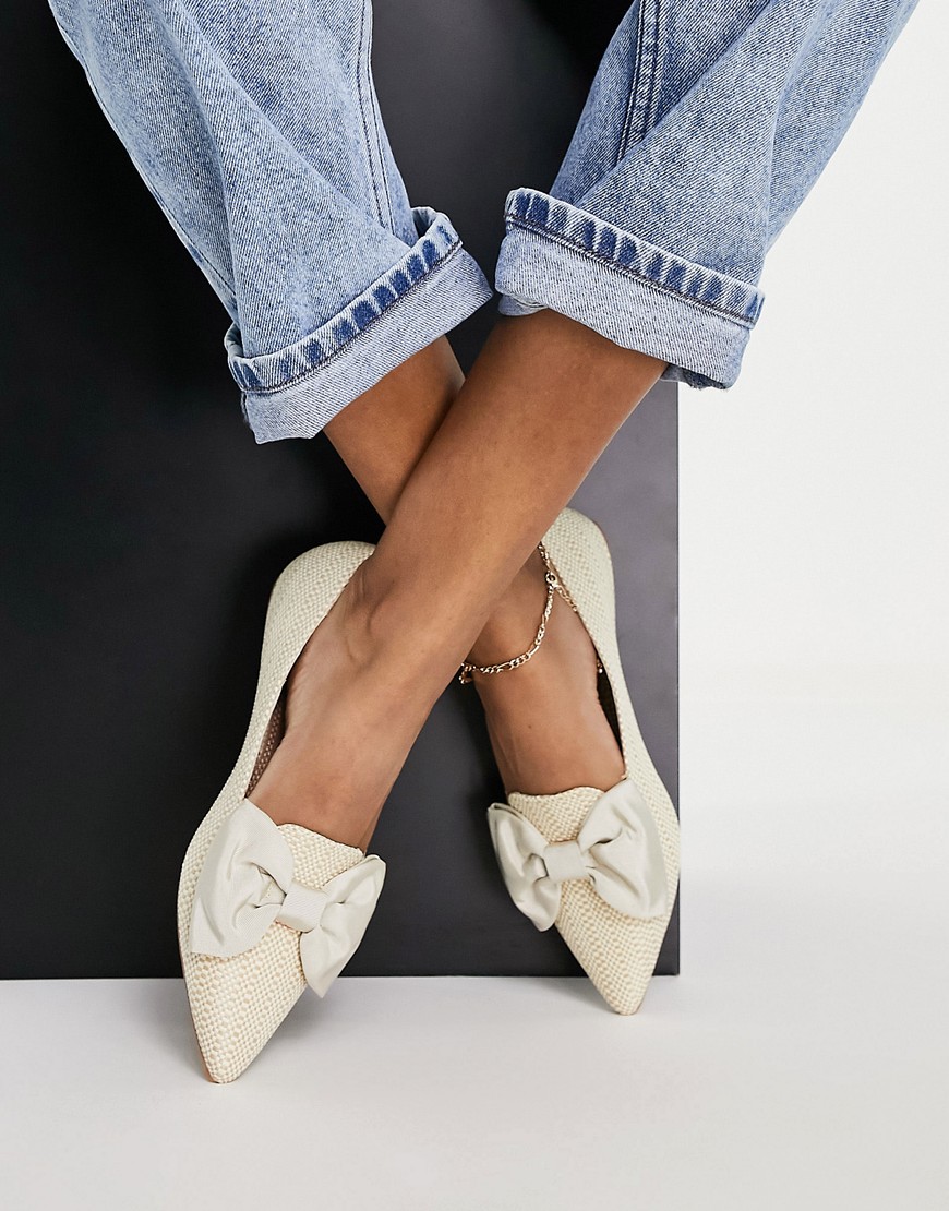 ASOS DESIGN Lake bow pointed ballet flats in natural raffia-Neutral