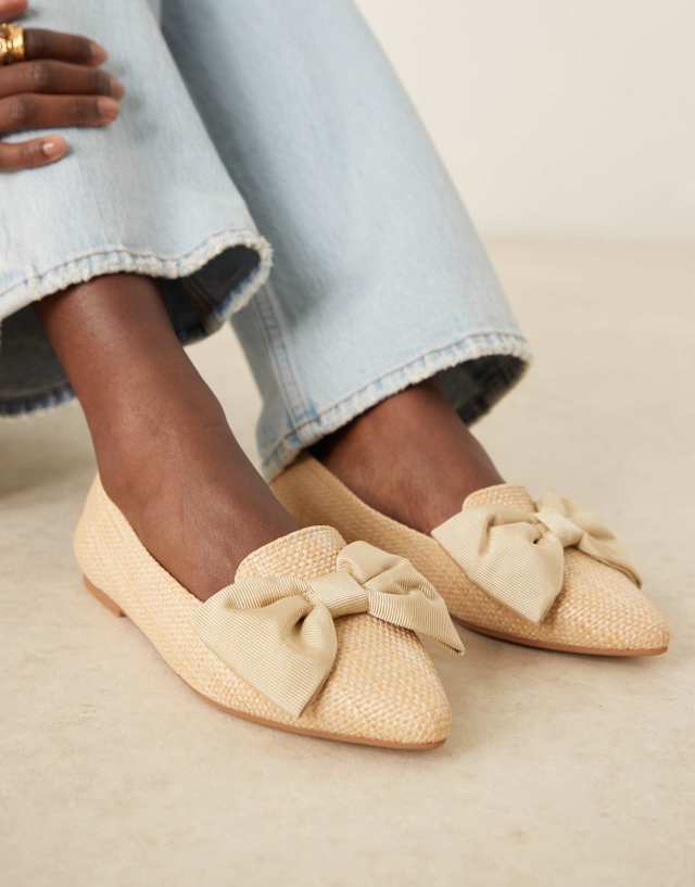 ASOS DESIGN Lake bow pointed ballet flats in natural raffia