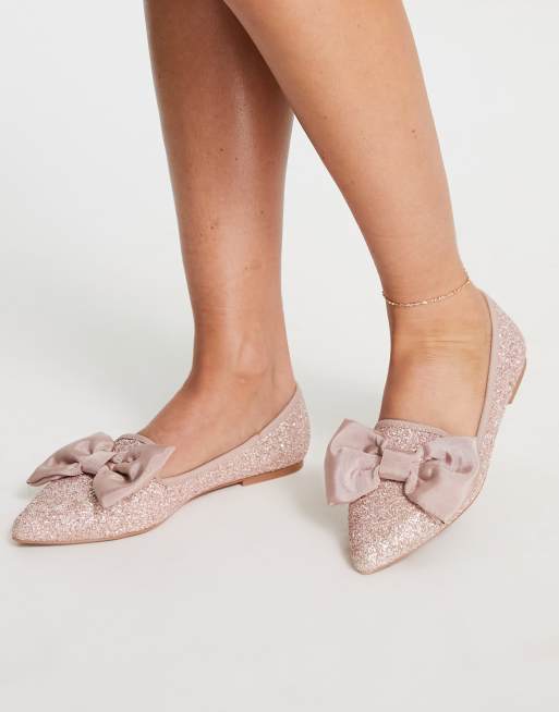 ASOS DESIGN Lake bow pointed ballet flats in pink glitter