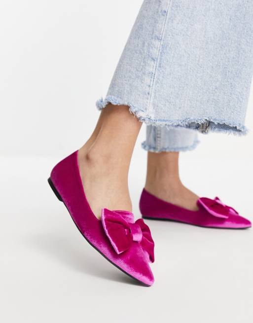 ASOS DESIGN Lake bow pointed ballet flats in pink velvet | ASOS