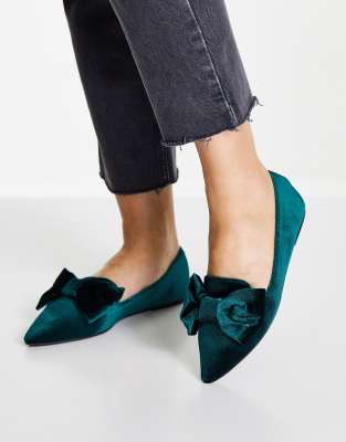 Asos Design Wide Fit Lake Bow Pointed Ballet Flats In Green Velvet