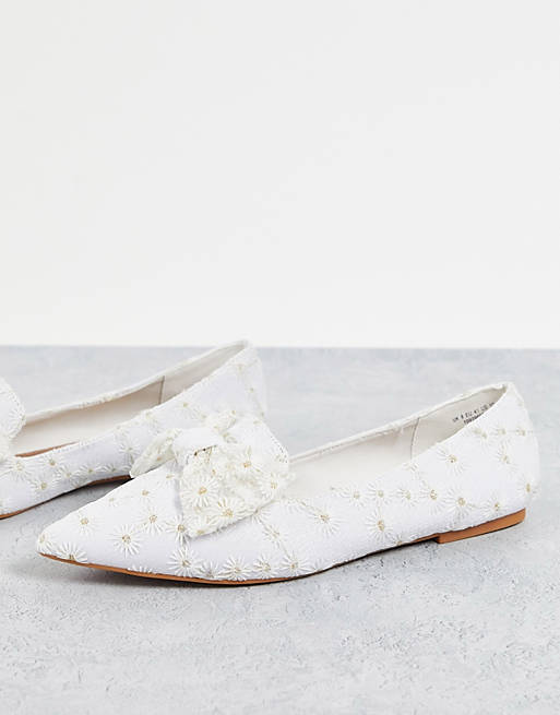  Flat Shoes/Lake bow pointed ballet flats in white daisy 