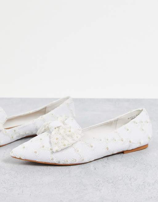 ASOS Design Wide Fit Lavish Pointed Flats with Faux Pearl Bow Trim in ivory-White