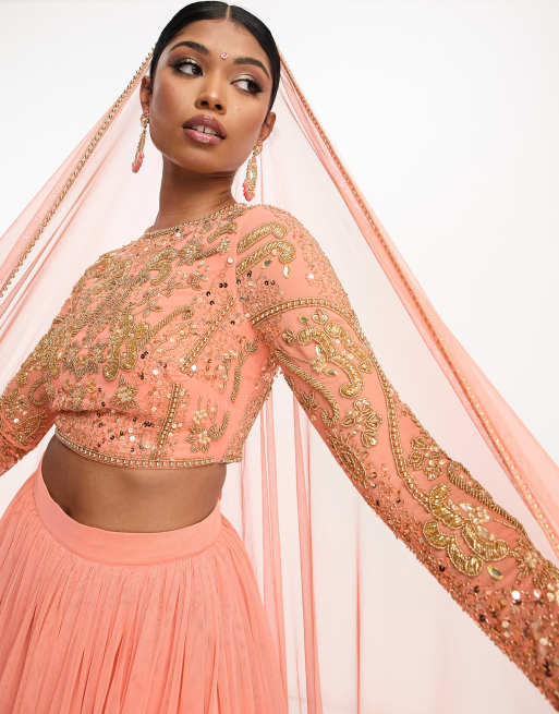 ASOS DESIGN - Laksefarvet lehenga-croptop med gennemgående udsmykning